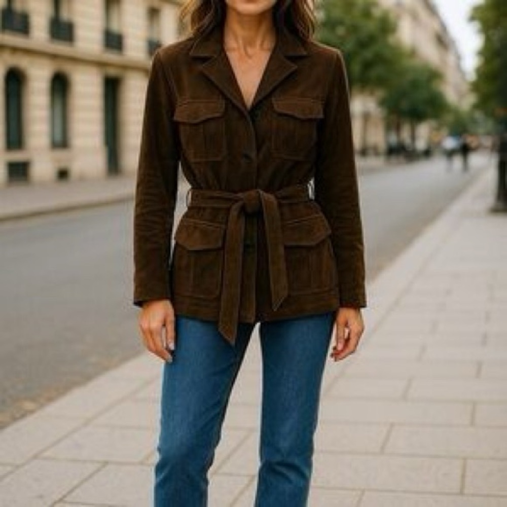 Ann Taylor Olive Green/Brown Suede Belted Blazer Jacket 2 NWOT - Picture 2 of 9